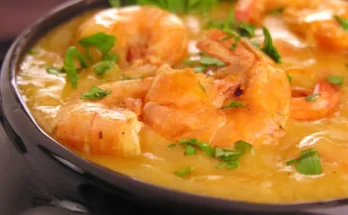 Prato com camarão cozido imerso em molho e cheiro verde, Prato típico da culinária maranhense chamadoo de bobó de camarão.